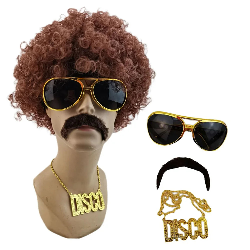 Pelucas de pelo Afro de fantasía para hombres, collar de anteojos, accesorios de disfraz, fiesta de discoteca, accesorios de fantasía, Cosplay Hippie, 70s, 80s