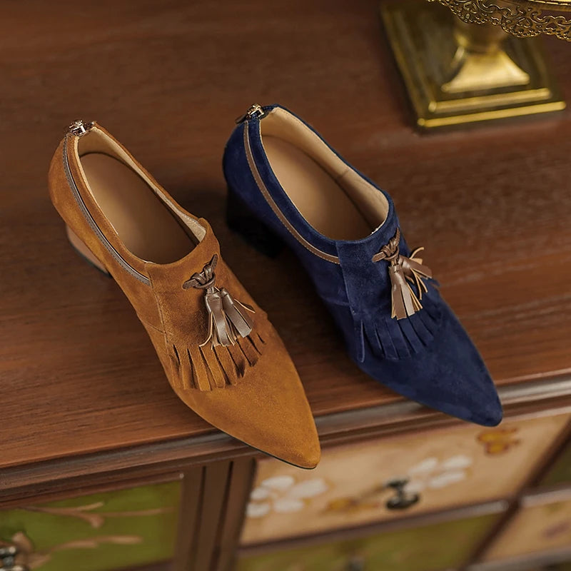 2025 primavera zapatos de mujer puntiagudos tacón grueso zapatos de tacón alto de gamuza de oveja zapatos con hebilla de cinturón para mujer zapatos de mujer