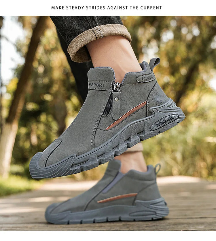 Botas de plataforma de diseñador de moda para hombre, zapatos de trabajo informales con cremallera para exteriores, antideslizantes, resistentes al desgaste, nuevo estilo, 2025