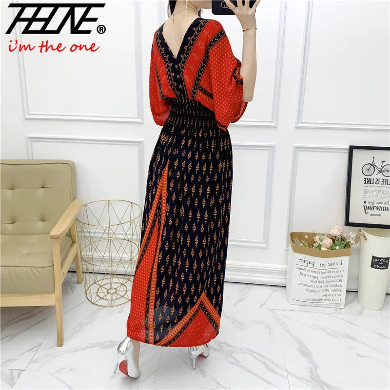 Vestido largo de cuerda Para Mujer, traje bohemio con cuello en V, estilo Retro, informal, estampado coreano, Verano