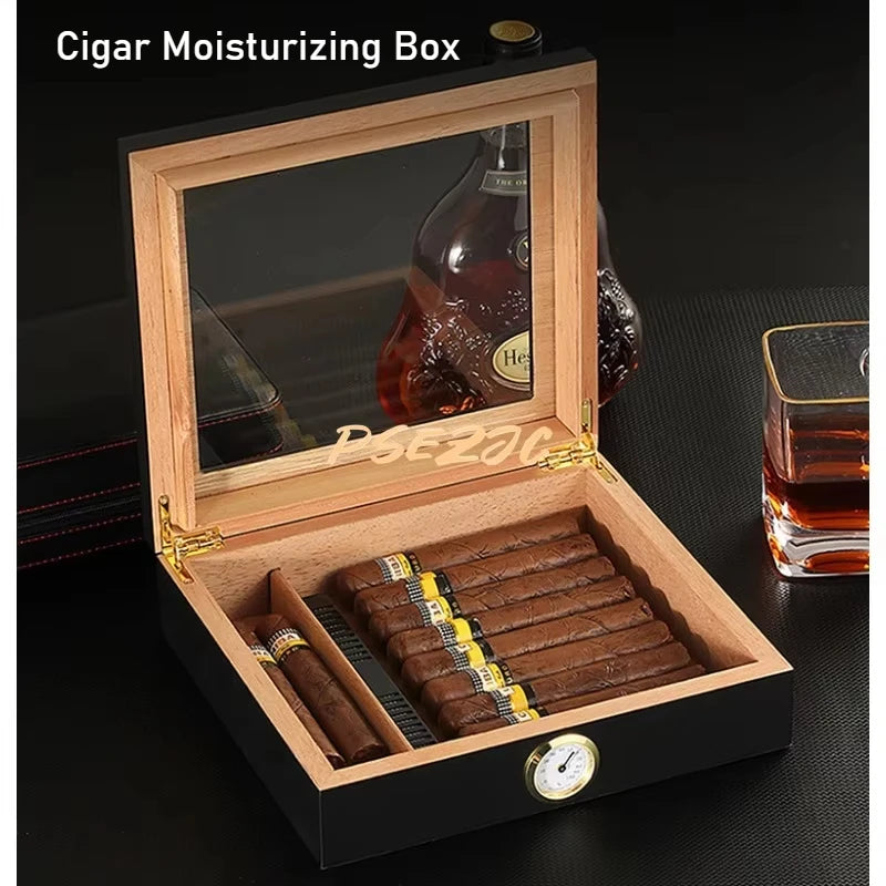 Caja de cigarrillos de almacenamiento hidratante para viaje, de madera de cedro, Simple y portátil, de gran capacidad, pantalla superior de vidrio