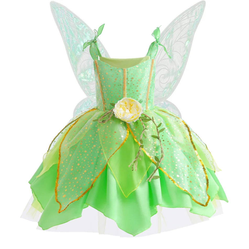 Vestido de Hada de las flores para niñas, vestido de princesa con alas, disfraz de princesa de Halloween, fiesta de elfos, Tinkerbell, vestido de campanilla