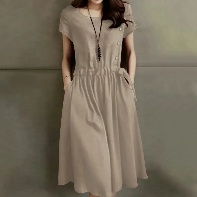 Vestidos Para Mujer de manga corta de longitud media cintura ajustada falda completa de moda Vestido de lino de algodón de Color sólido de verano Para Mujer