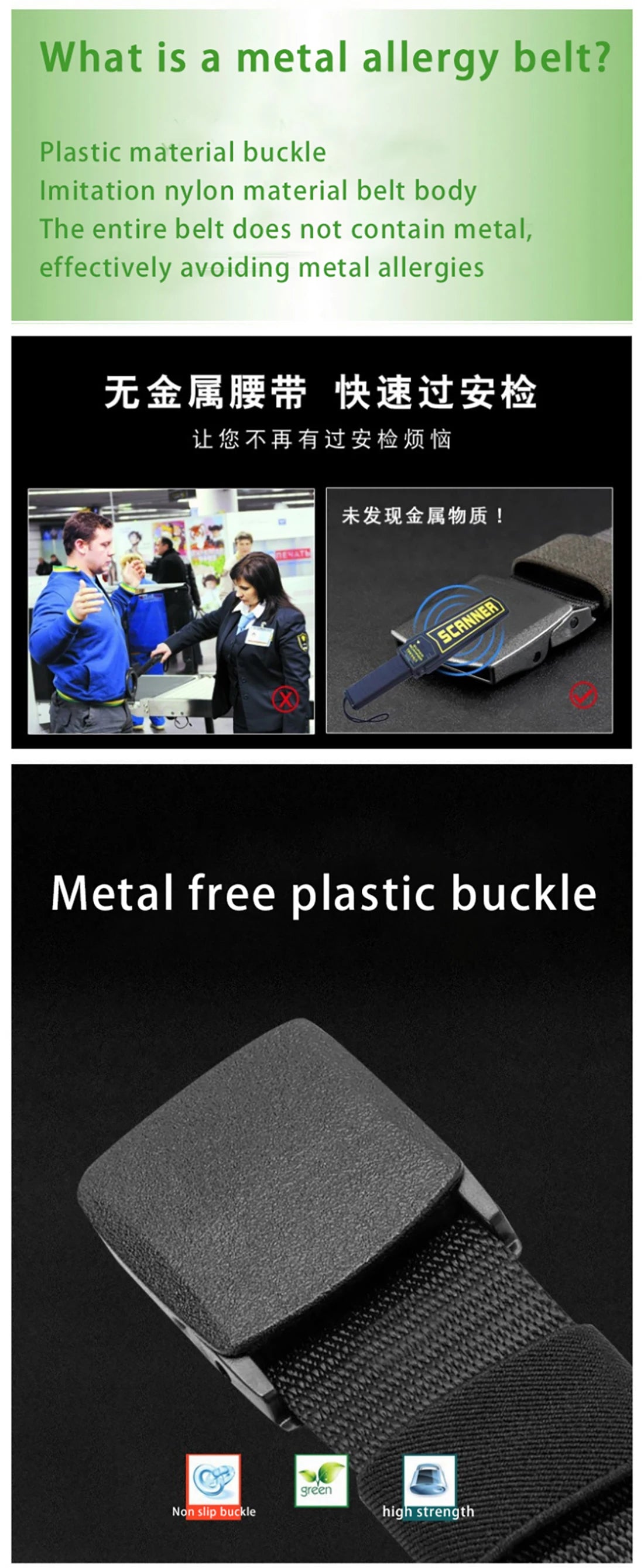 Cinturón de lona para hombre, hebilla de plástico, cinturón táctico de nailon sin Metal, cinturón para mujer