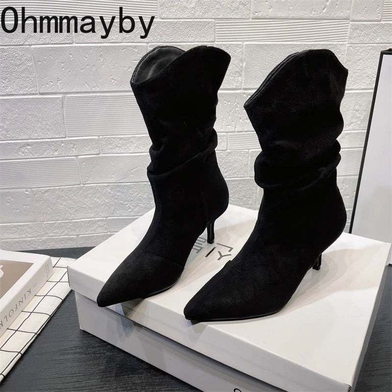 Botines Vintage con punta estrecha para Mujer, Botas cortas sin cordones con tacón alto conciso para otoño, Zapatos De Mujer