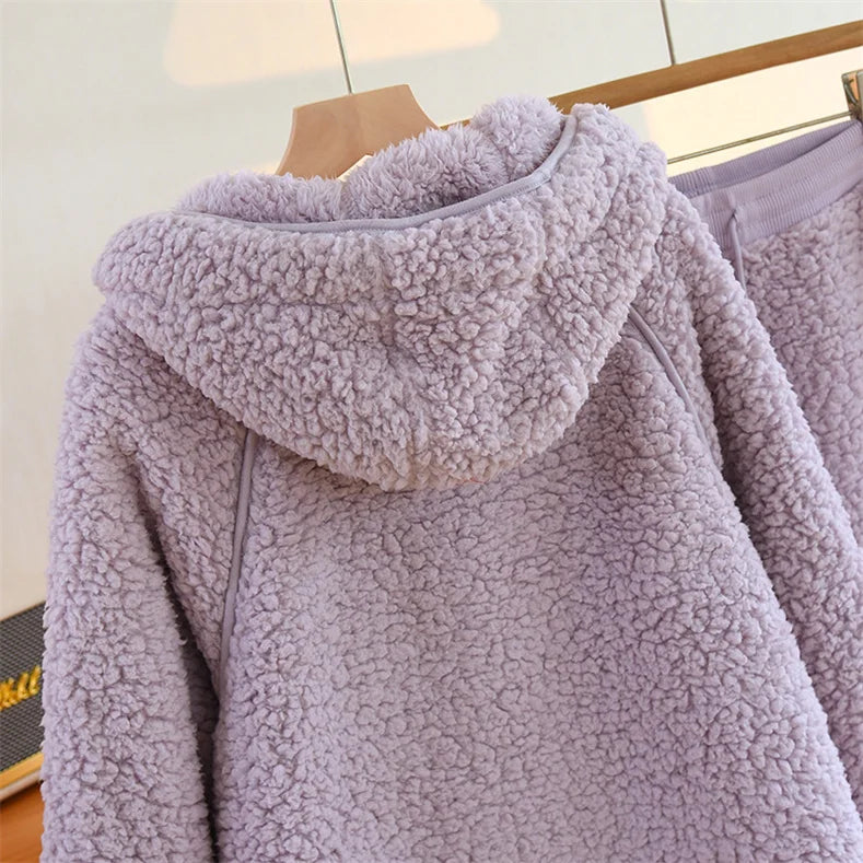 Otoño Invierno nuevas mujeres cálido suave pareja pijamas de lana Coral 2 piezas traje para casa Casual pijamas con capucha ropa de noche