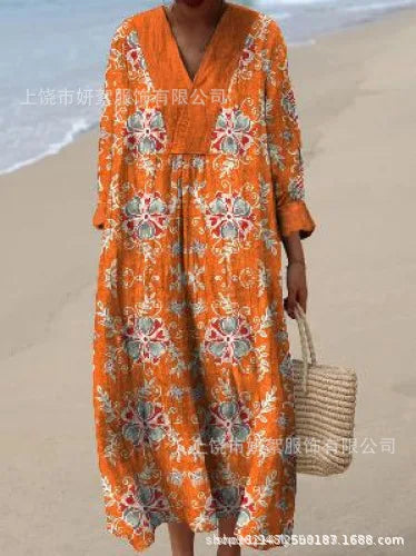 Vestido camisero con estampado Floral para mujer, vestido holgado a la moda con cuello en V, corte en A, elegante, para vacaciones en la playa, estilo sol, principios de otoño