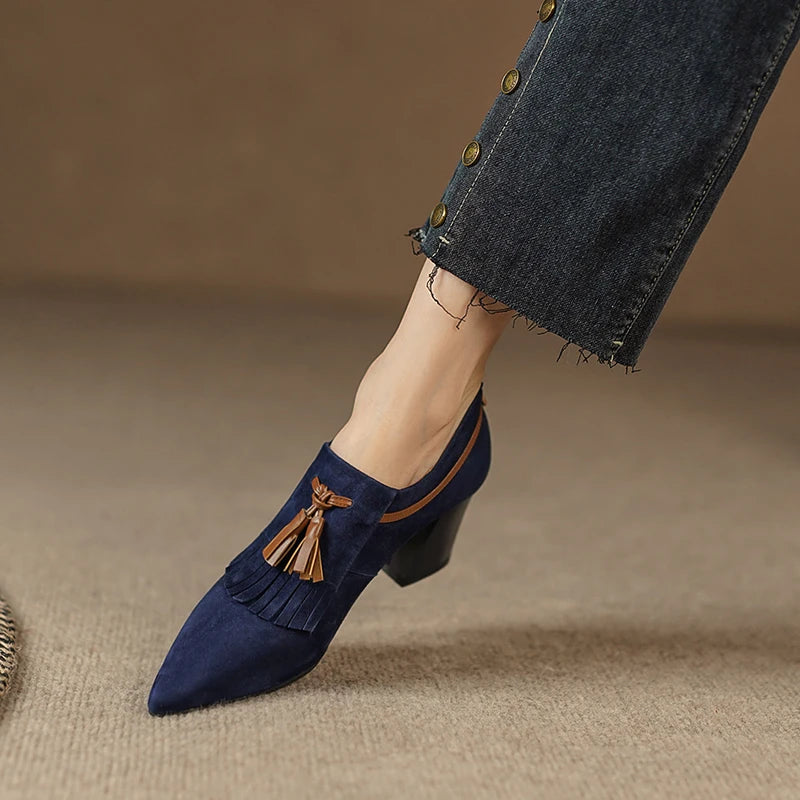 2025 primavera zapatos de mujer puntiagudos tacón grueso zapatos de tacón alto de gamuza de oveja zapatos con hebilla de cinturón para mujer zapatos de mujer