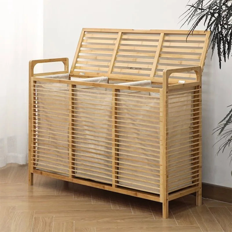 Cesta de bambú para la colada para dormitorio, organizador de ropa multicapa, gabinete de almacenamiento de suelo minimalista, clasificación, organizador para el hogar