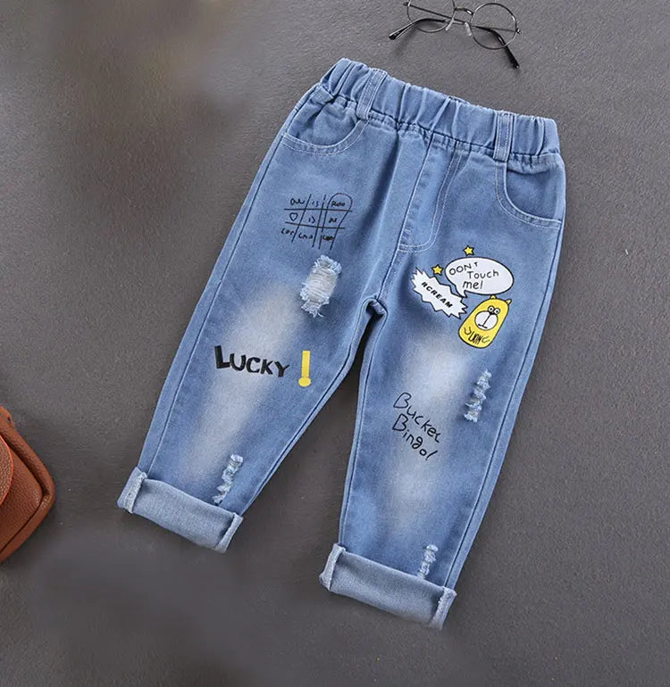 Primavera otoño niños Jeans niños algodón estampado empalme pantalones vaqueros elásticos pantalones coreanos para adolescentes ropa para niños DenimRipped
