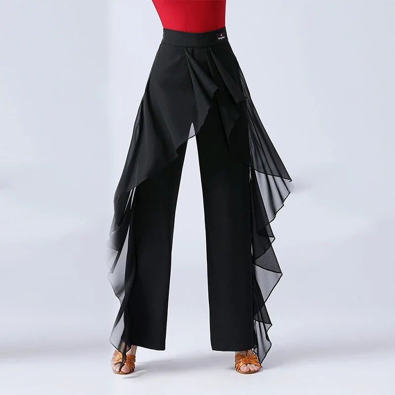 Pantalones de baile latino para mujer, pantalones anchos con volantes de cintura alta para baile moderno, pantalones de salón Tango Samba, traje de práctica de actuación
