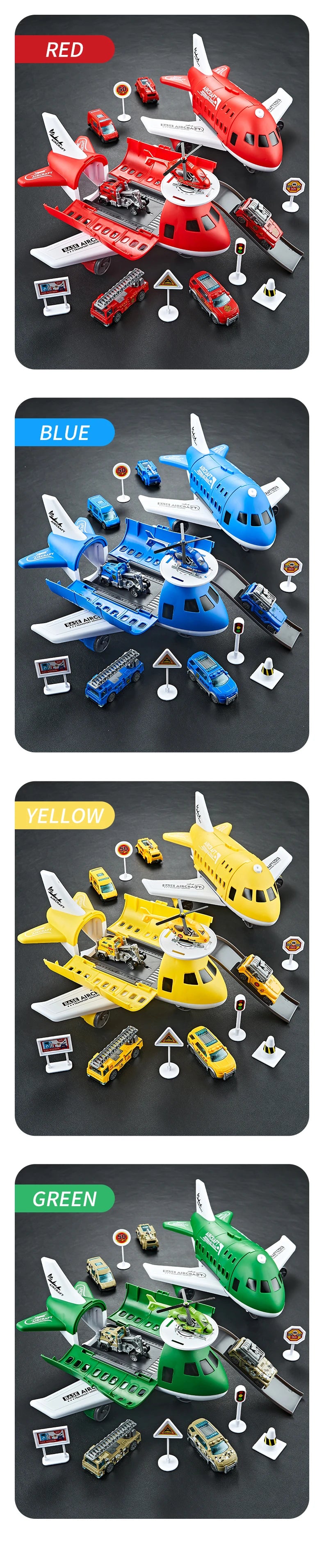 Modelo de avión para niños, juguetes, modelo inercial, aviones de simulación, juguetes multifuncionales, 3 coches aleatorios, 1 helicóptero, 6 señales de tráfico