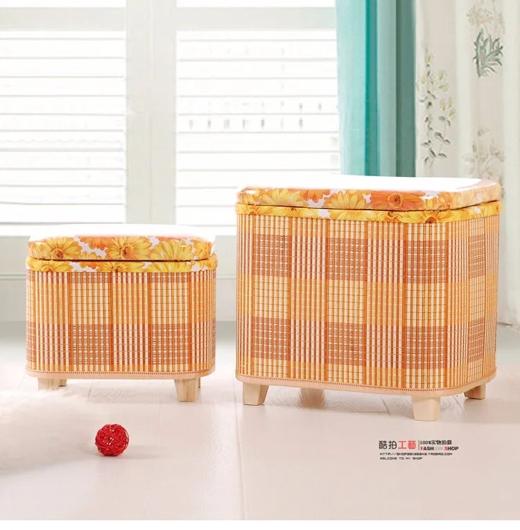Taburete de almacenamiento tejido de bambú ecológico, caja organizadora multifuncional de madera, banco de sofá para pasillo, balcón, reposapiés para zapatos