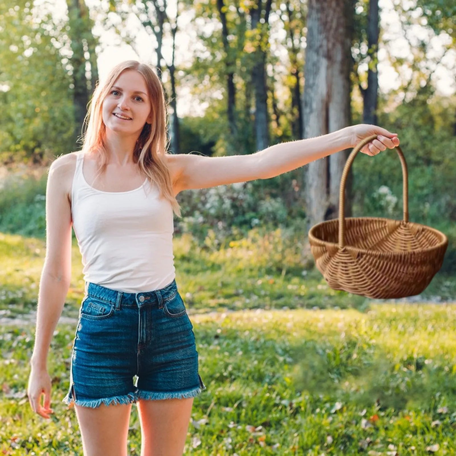 Cesta tejida de imitación de ratán con asa, decoración del hogar, cestas de almacenamiento trenzadas, frutas y verduras, flores