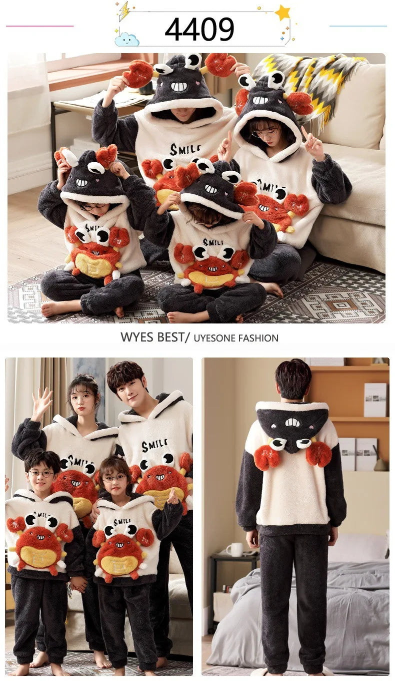 Pijamas gruesos de invierno para padres e hijos, ropa de dormir para mujeres y hombres, trajes para niños, conjuntos de Pijamas, ropa de ocio de gato de dibujos animados