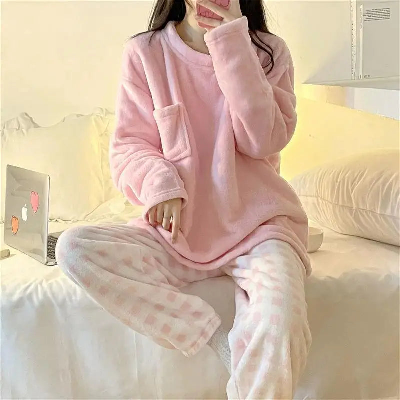 Conjunto de Pijamas gruesos y cálidos de lana para mujer, ropa de dormir de invierno, Top liso informal y pantalones a cuadros, conjunto de Pijamas suaves para mujer, traje para casa