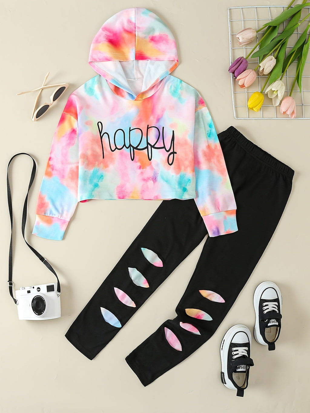 Girls' Tie-Dye Hoodie & Leggings Set - "HAPPY" Print, Stretchy Polyester Blend, Long Sleeve, Casual Sporty Look for Youngsters - Perfect for Fall/Winter, Clothes for Girls, Perfect for Outdoor