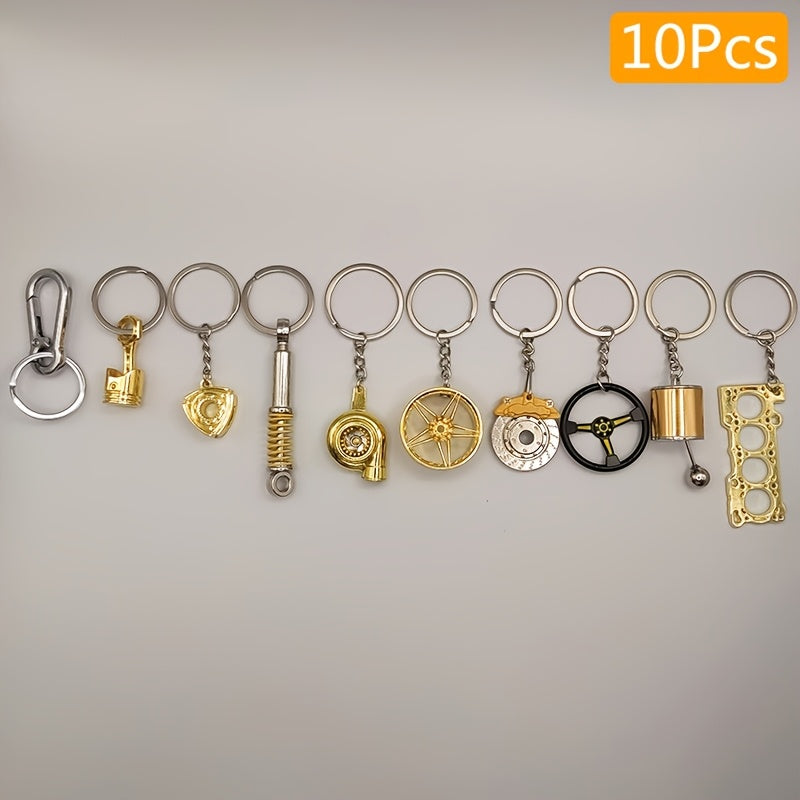 10pcs Car Enthusiast Keychain Set - Zinc Alloy, Casual Style with Gear Shift, Turbo, Wheel Hubs & More - Perfect Gift for Auto Lovers, Car Accessories, Shock Absorber, Engine Parts, Brake Disc, Piston