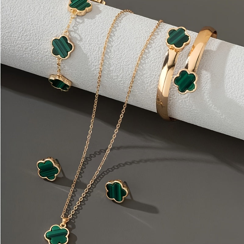 Stud Earrings + Necklace + Bracelet + 1 Bangle Chic Jewelry Set Lucky Flower Design Match Daily Outfits Party Accessories