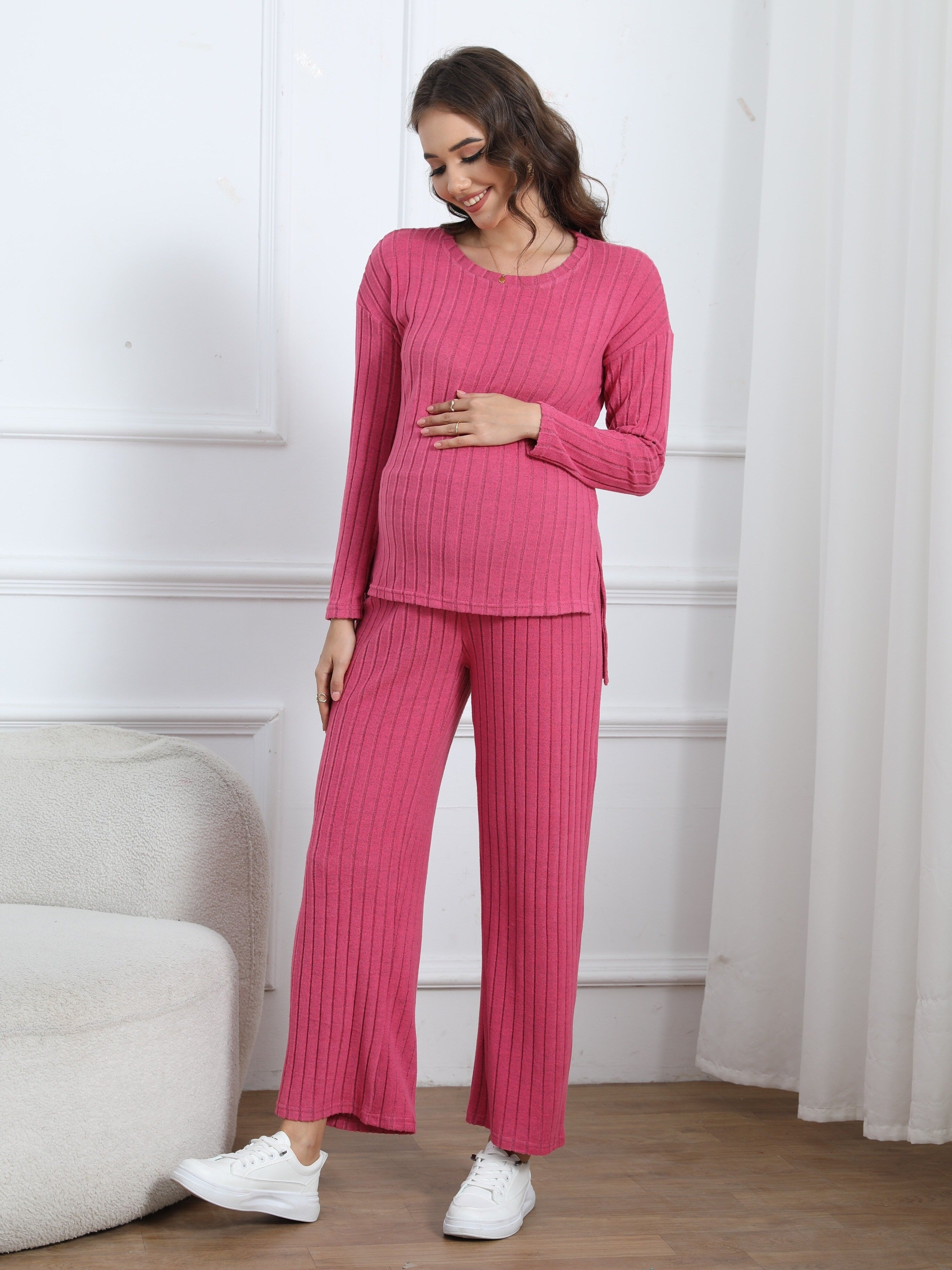 Women's Maternity Solid Textured T-shirt & Pants Set Fall Winter, Pregnant Women's Clothing