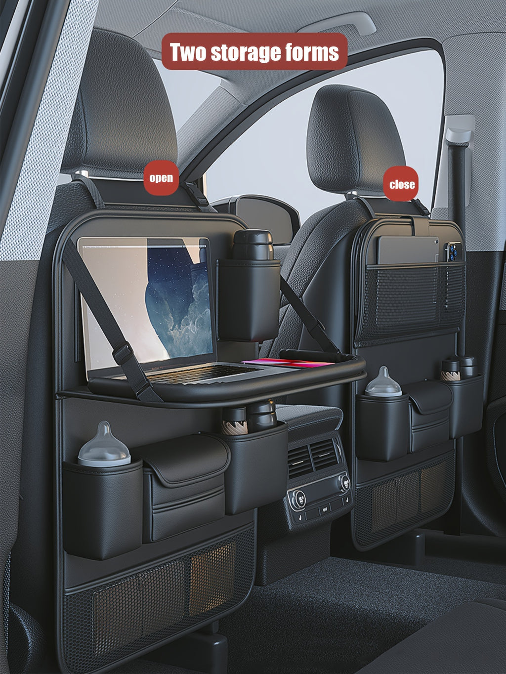 PU Leather Car Seat Back Hanging Storage Bag, Car Storage Bag With Folding Table, Multi-functional Storage Bag, Car Accessories