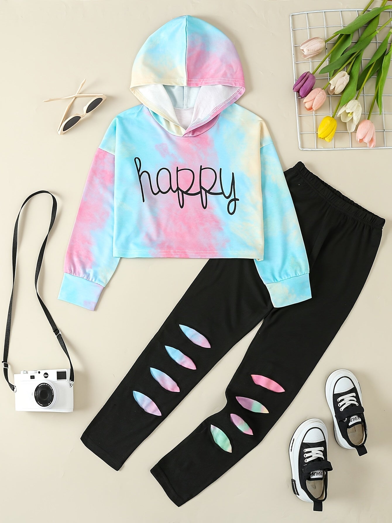 Girls' Tie-Dye Hoodie & Leggings Set - "HAPPY" Print, Stretchy Polyester Blend, Long Sleeve, Casual Sporty Look for Youngsters - Perfect for Fall/Winter, Clothes for Girls, Perfect for Outdoor