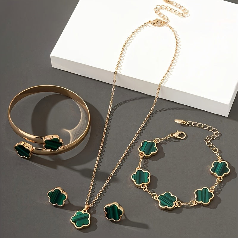 Stud Earrings + Necklace + Bracelet + 1 Bangle Chic Jewelry Set Lucky Flower Design Match Daily Outfits Party Accessories