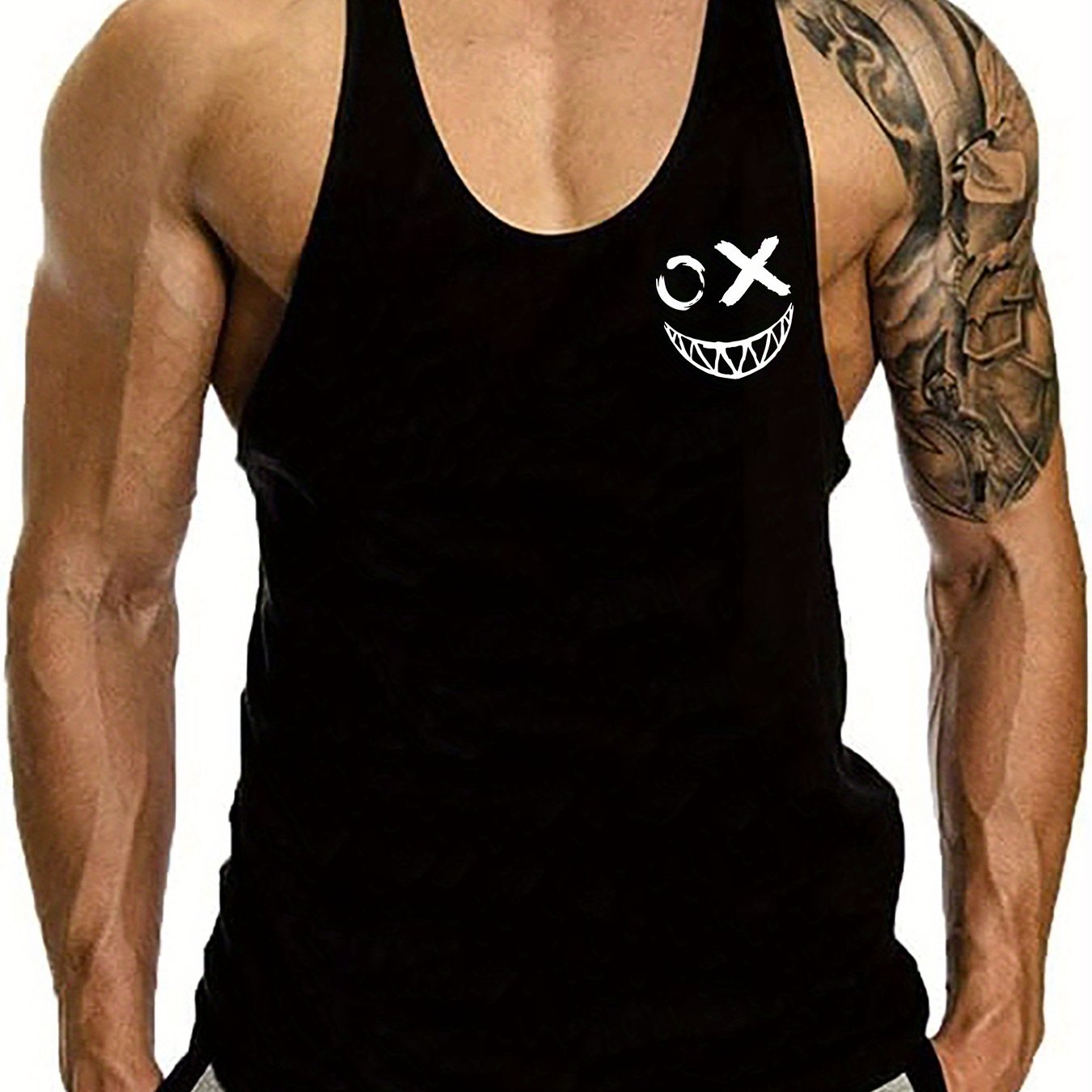 Creative Smile Face Print Men's Quick Dry Moisture-Wicking Breathable Racerback Tops Athletic Gym Bodybuilding Muscle Men Sports Sleeveless Vest For Workout Running Training Men's Clothes