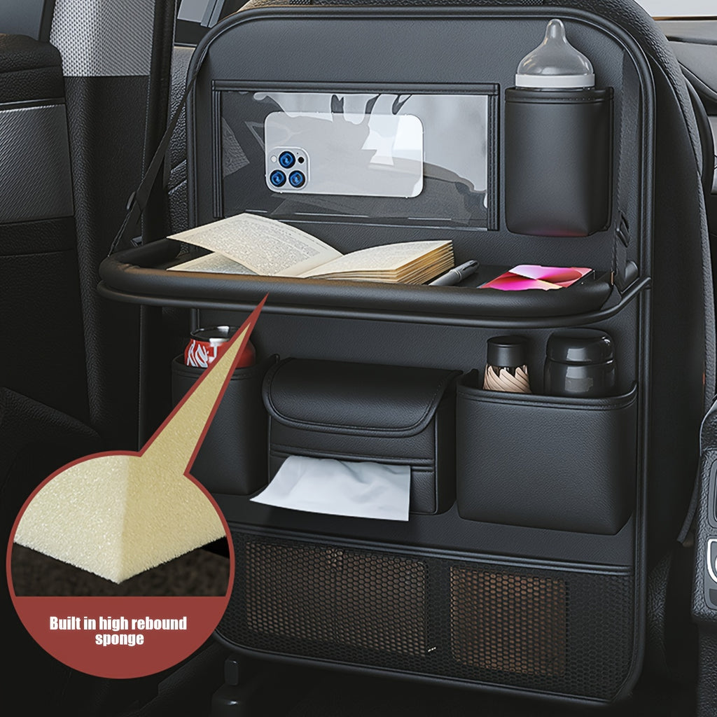 PU Leather Car Seat Back Hanging Storage Bag, Car Storage Bag With Folding Table, Multi-functional Storage Bag, Car Accessories