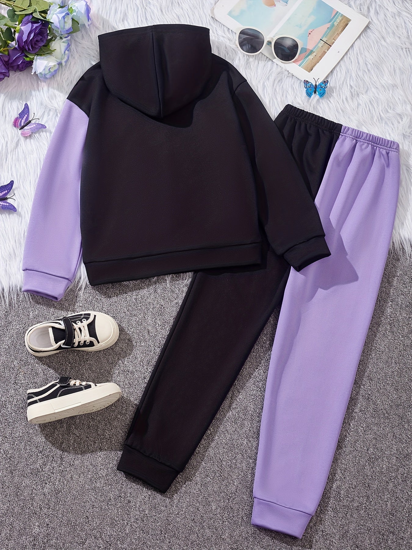 Girl's Butterfly Pattern Outfit 2pcs, Hoodie & Sweatpants Set, TO BE YOURSELF Print Kid's Color Clash Clothes For Spring Fall outdoors