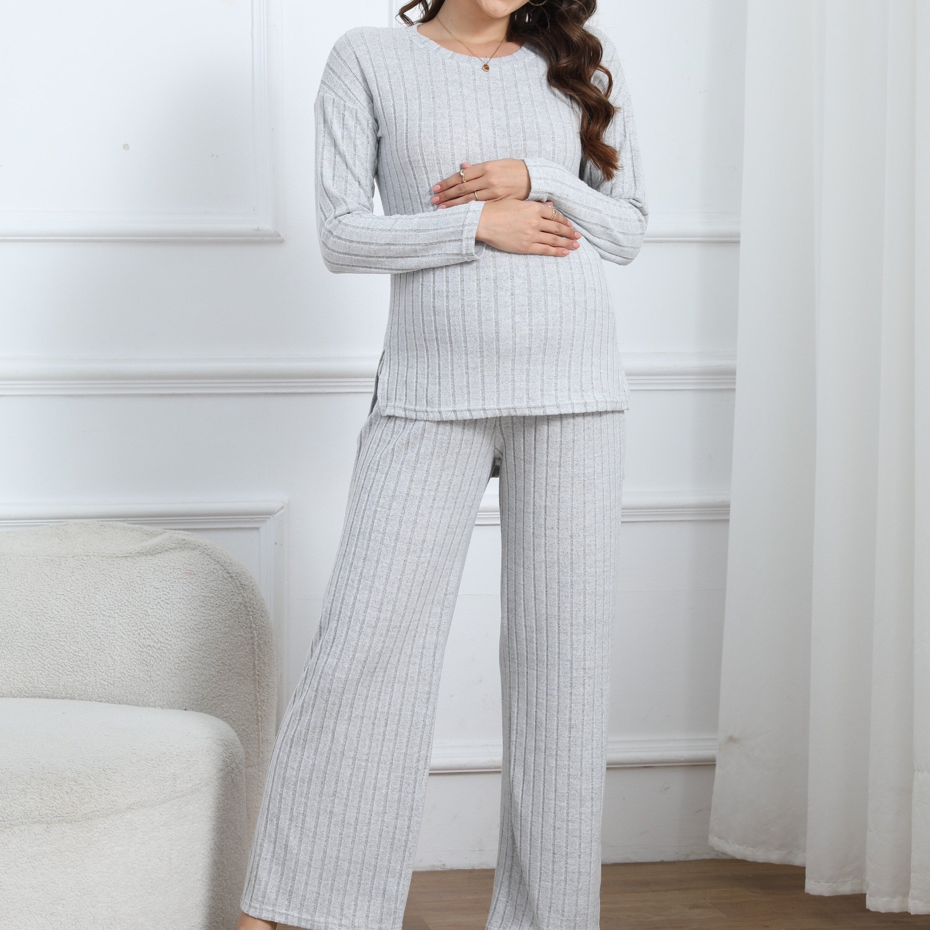 Women's Maternity Solid Textured T-shirt & Pants Set Fall Winter, Pregnant Women's Clothing