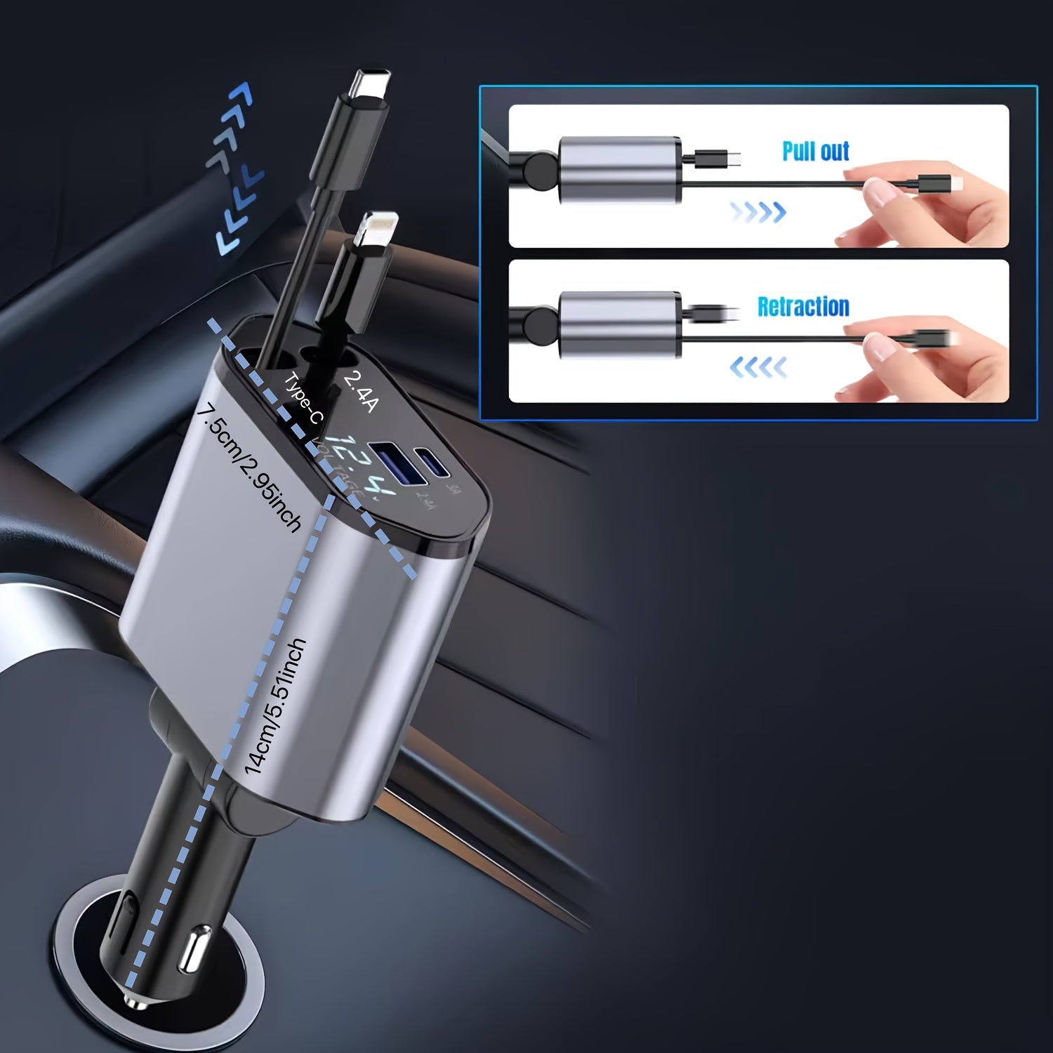 4-In-1 Fast Charging Car Charger Compatible With 120W, Retractable, 180° Free Direction, 79.25cm Retractable Cable & Usb C Port, For Ios & Typec Car Accessories, Including For Iphone 15 14 13 12 11 Pro Max, Galaxy S23, Pixel