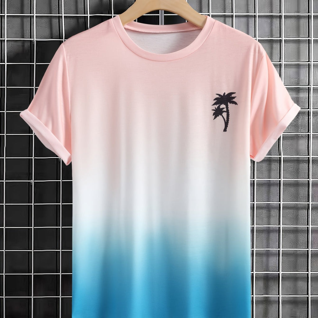 Coconut Tree Pattern Print Men's Comfy Gradient T-shirt, Graphic Tee Men's Summer Outdoor Clothes, Men's Clothing, Tops For Men