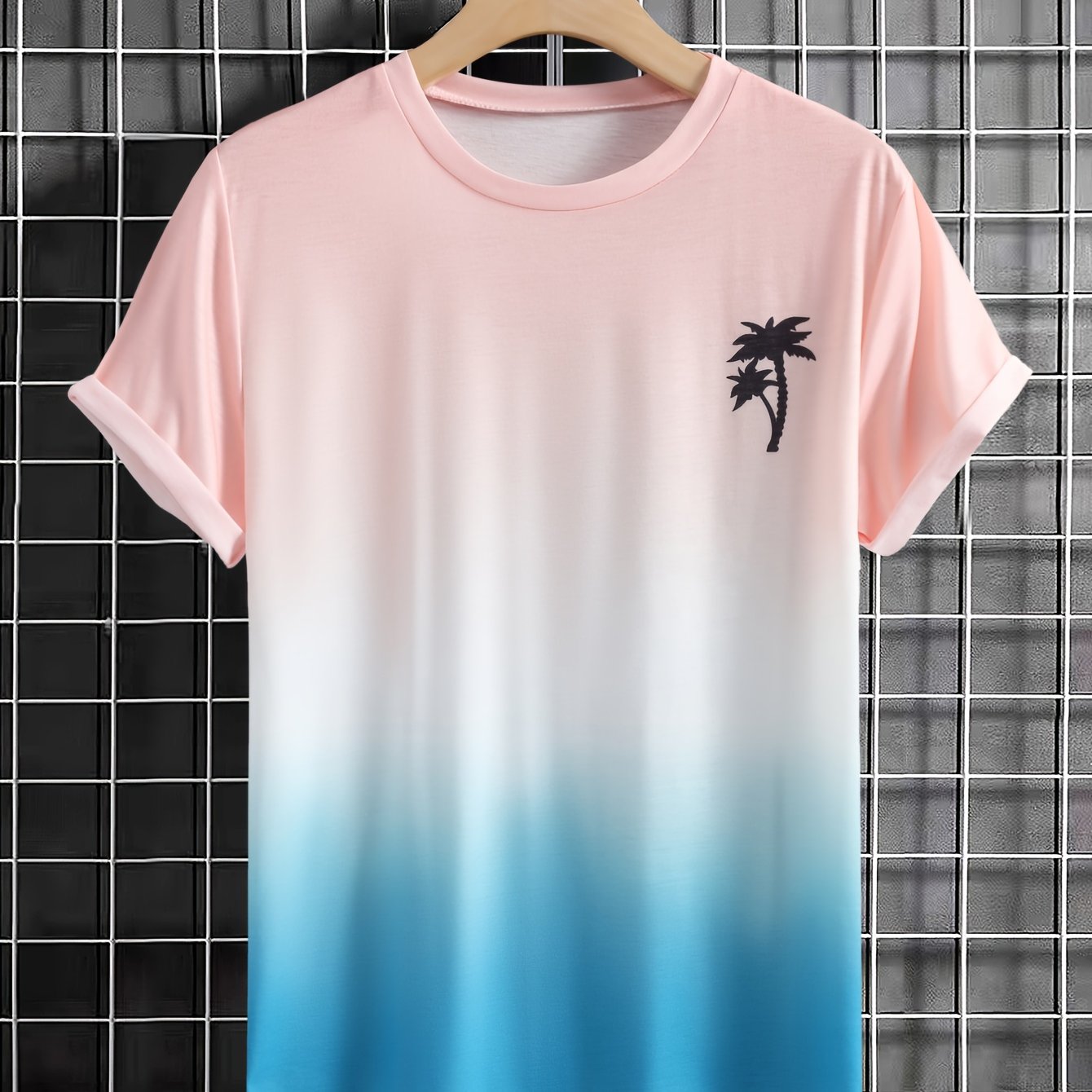 Coconut Tree Pattern Print Men's Comfy Gradient T-shirt, Graphic Tee Men's Summer Outdoor Clothes, Men's Clothing, Tops For Men