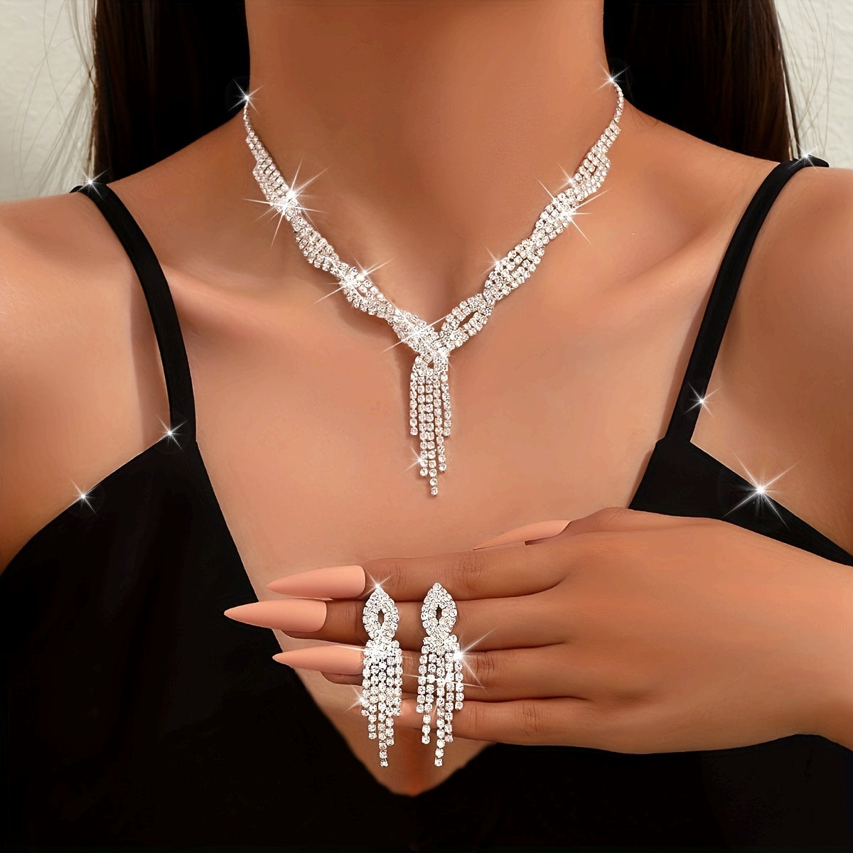 Earrings + Necklace/ Earrings + Necklace + Bracelet Elegant Jewelry Set Inlaid Shining Rhinestone Evening Party Decor