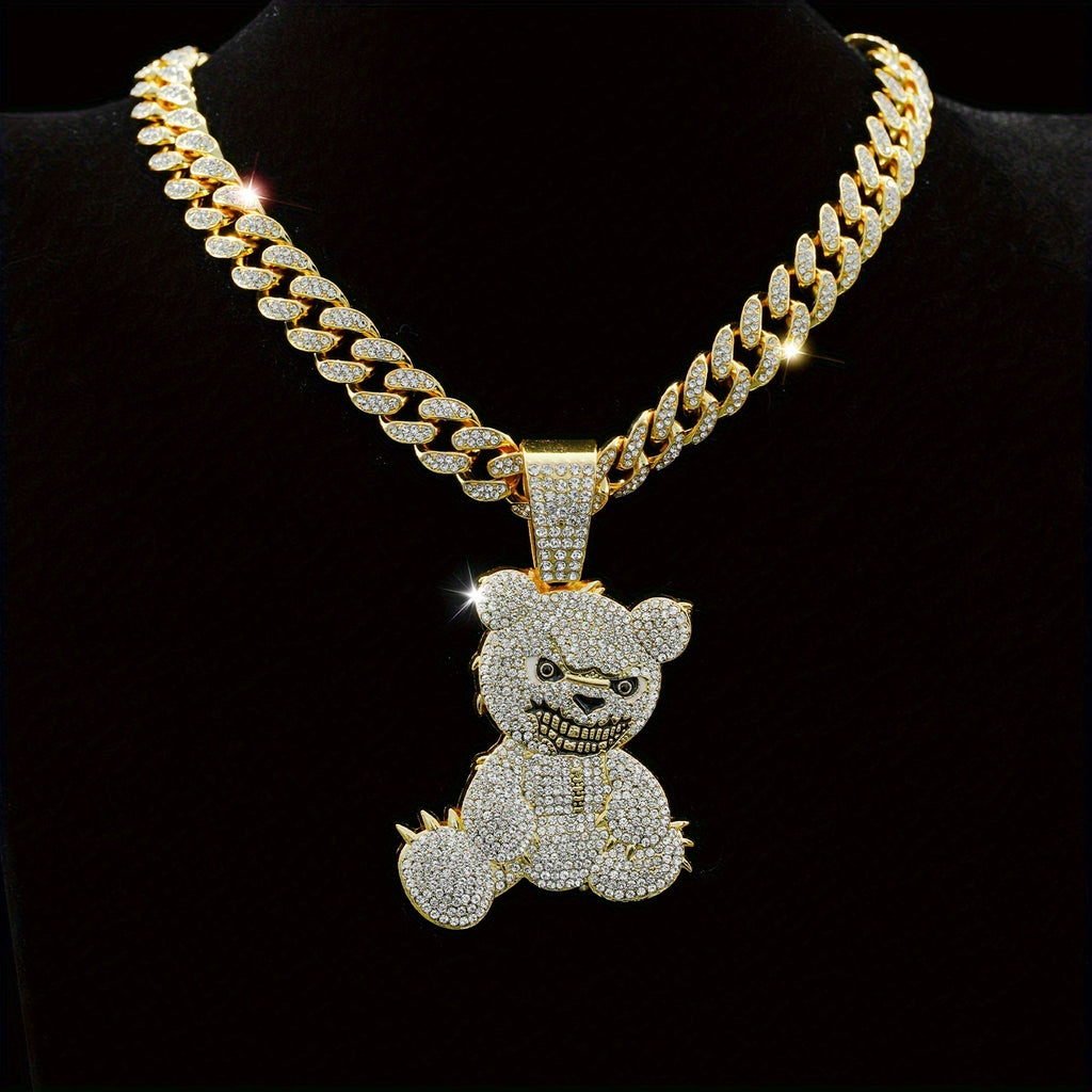 Men's Fashion Beast Bear Pendant Necklace with Rhinestone Studded Cuban Chain - Hip Hop Street Style Jewelry for Party, Festival Wear, Unisex Gift Idea (Includes 1 Pendant)