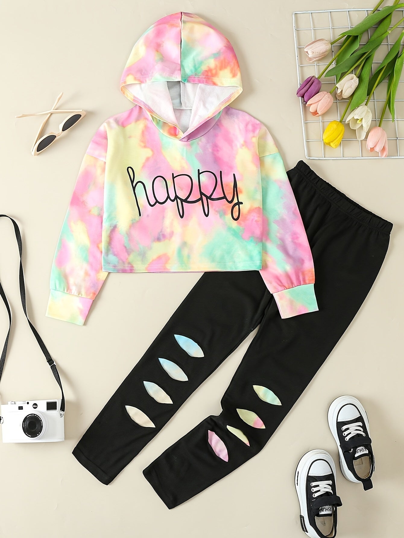 Girls' Tie-Dye Hoodie & Leggings Set - "HAPPY" Print, Stretchy Polyester Blend, Long Sleeve, Casual Sporty Look for Youngsters - Perfect for Fall/Winter, Clothes for Girls, Perfect for Outdoor