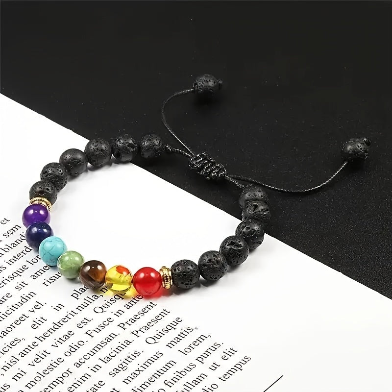 [Customer Favorite] Adjustable 7 Chakras Healing Bracelet - Stretchable Lava Rock for Balance & Meditation, Fashionable Jewelry