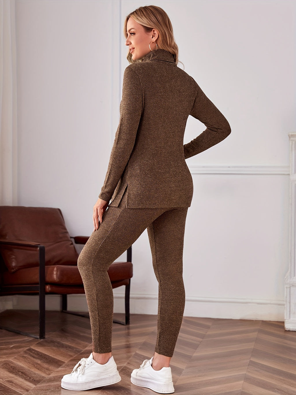 Women's Maternity Solid Textured Turtleneck Tee & Leggings Set, Fashion 2Pcs Outfits, Pregnant Women's Clothing