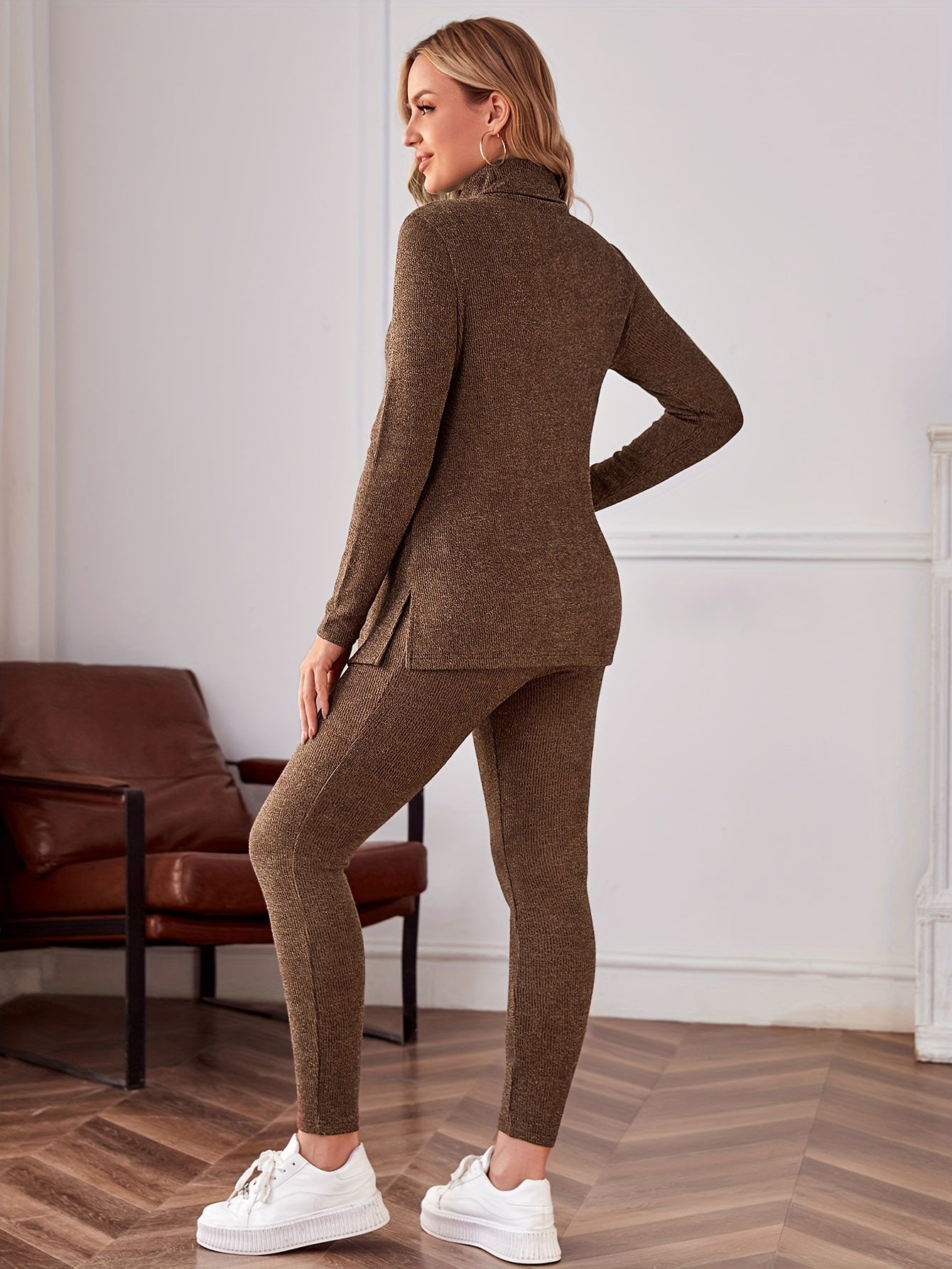 Women's Maternity Solid Textured Turtleneck Tee & Leggings Set, Fashion 2Pcs Outfits, Pregnant Women's Clothing