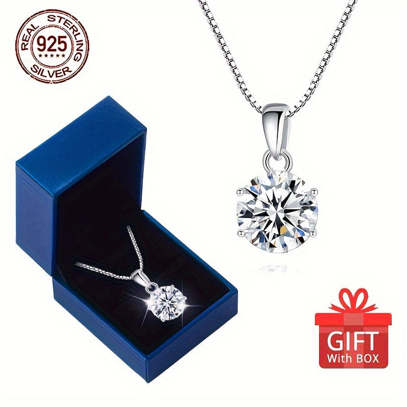 Gift Box Style 1pc S925 Silver Women's Fashion Pendant Necklace 3.14g/0.111oz Classic Shiny Ice Chip Synthetic Zirconia Inlay Elegant Neck Jewelry Best Valentine's Day Gift for Lover Collarbone Chain Necklace Surprise Daily P