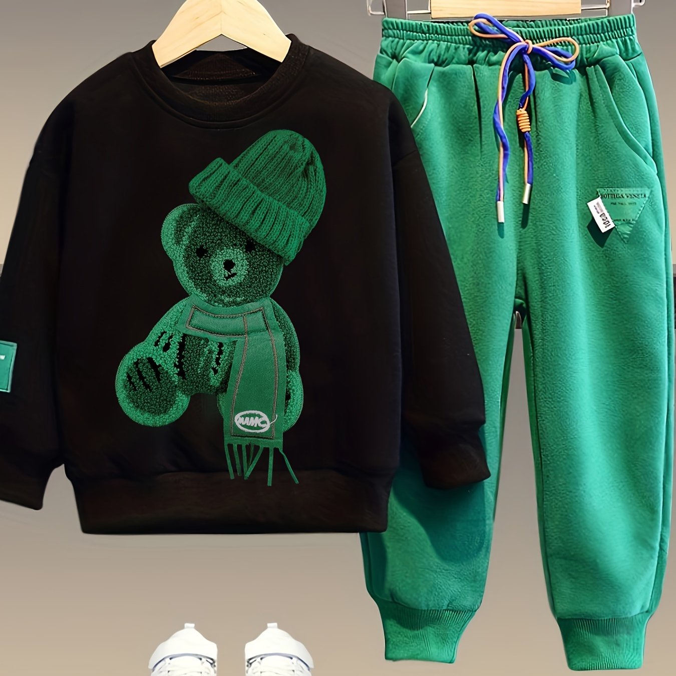 2pcs Boy's Beanie Bear Patched Outfit, Sweatshirt & Sweatpants Set, Trendy Long Sleeve Top, Kid's Clothes For Spring Fall Daily & Outdoor Wear, As Gift