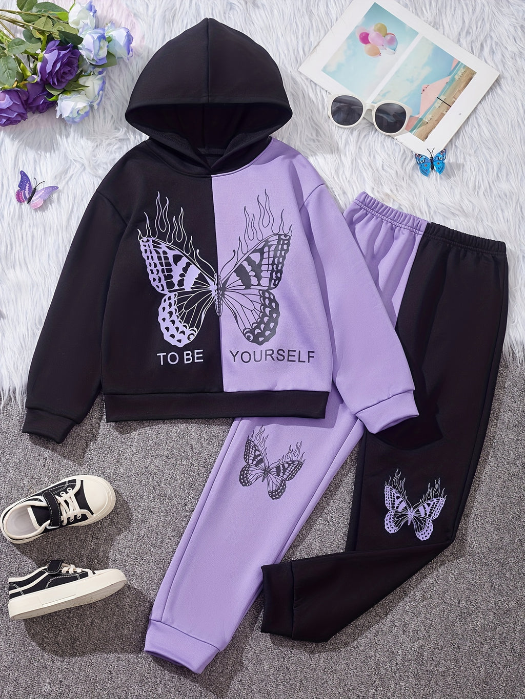 Girl's Butterfly Pattern Outfit 2pcs, Hoodie & Sweatpants Set, TO BE YOURSELF Print Kid's Color Clash Clothes For Spring Fall outdoors