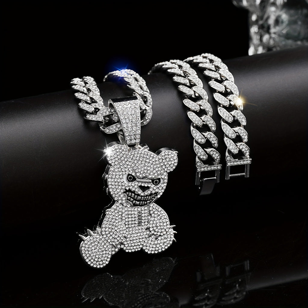 Men's Fashion Beast Bear Pendant Necklace with Rhinestone Studded Cuban Chain - Hip Hop Street Style Jewelry for Party, Festival Wear, Unisex Gift Idea (Includes 1 Pendant)