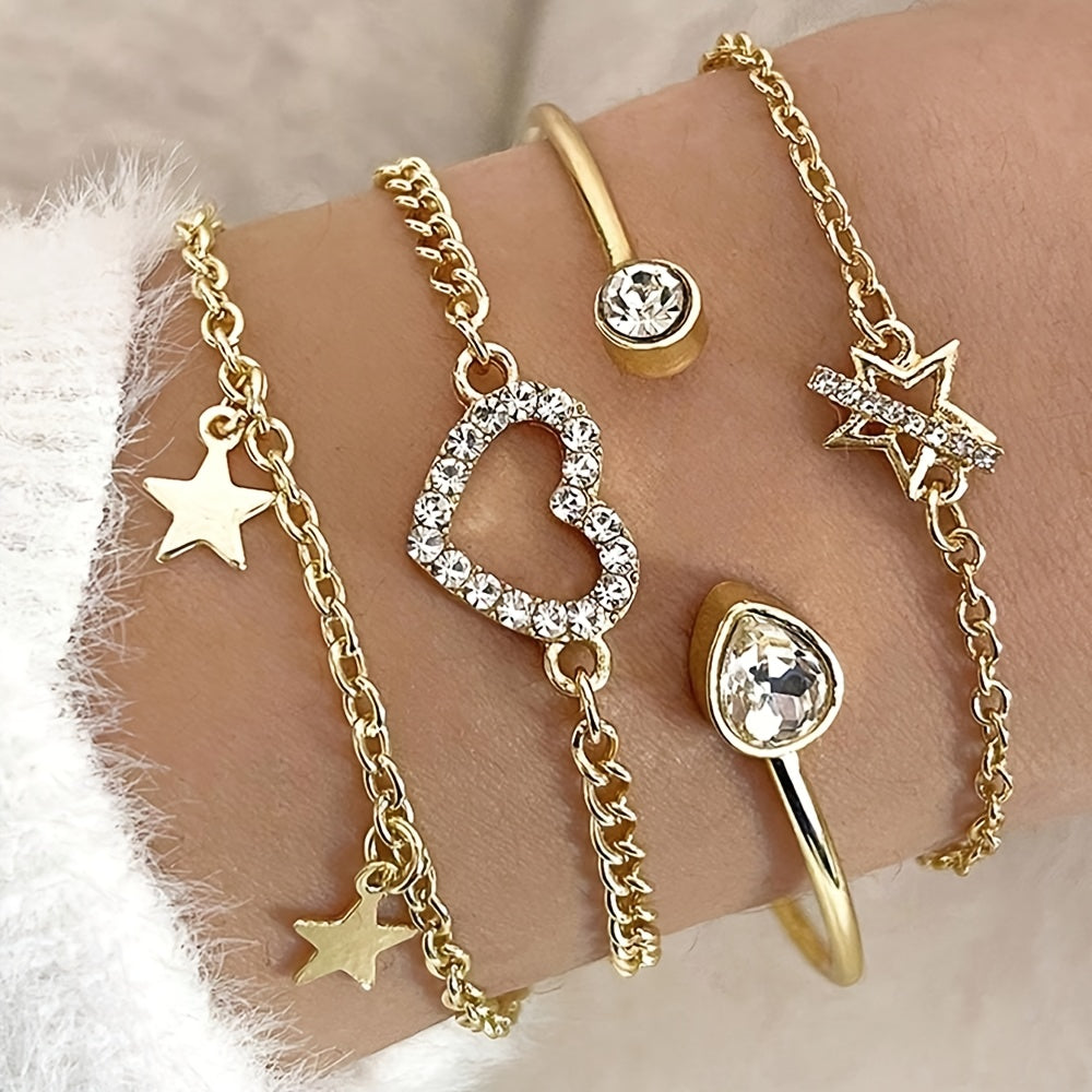 4-Piece Bohemian Elegant Holiday Bracelet Set for Women, Zinc Alloy with Rhinestone Accents, White & Green Tassel Wavy Bangle, Fashion Jewelry Gift for Dates & Parties, All-Season Wear