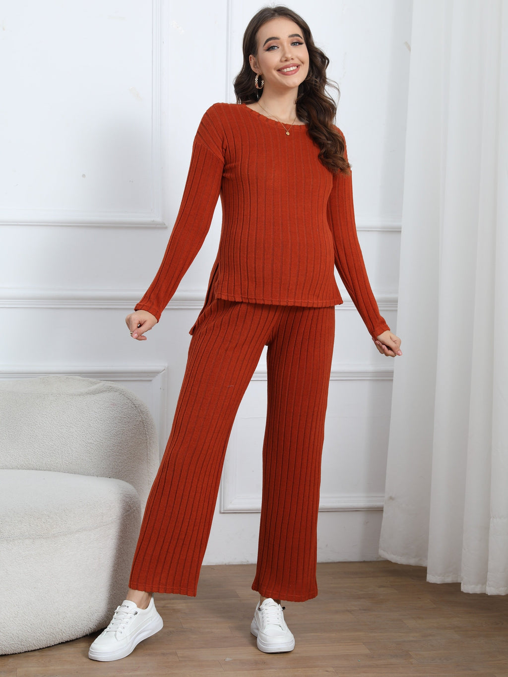 Women's Maternity Solid Textured T-shirt & Pants Set Fall Winter, Pregnant Women's Clothing