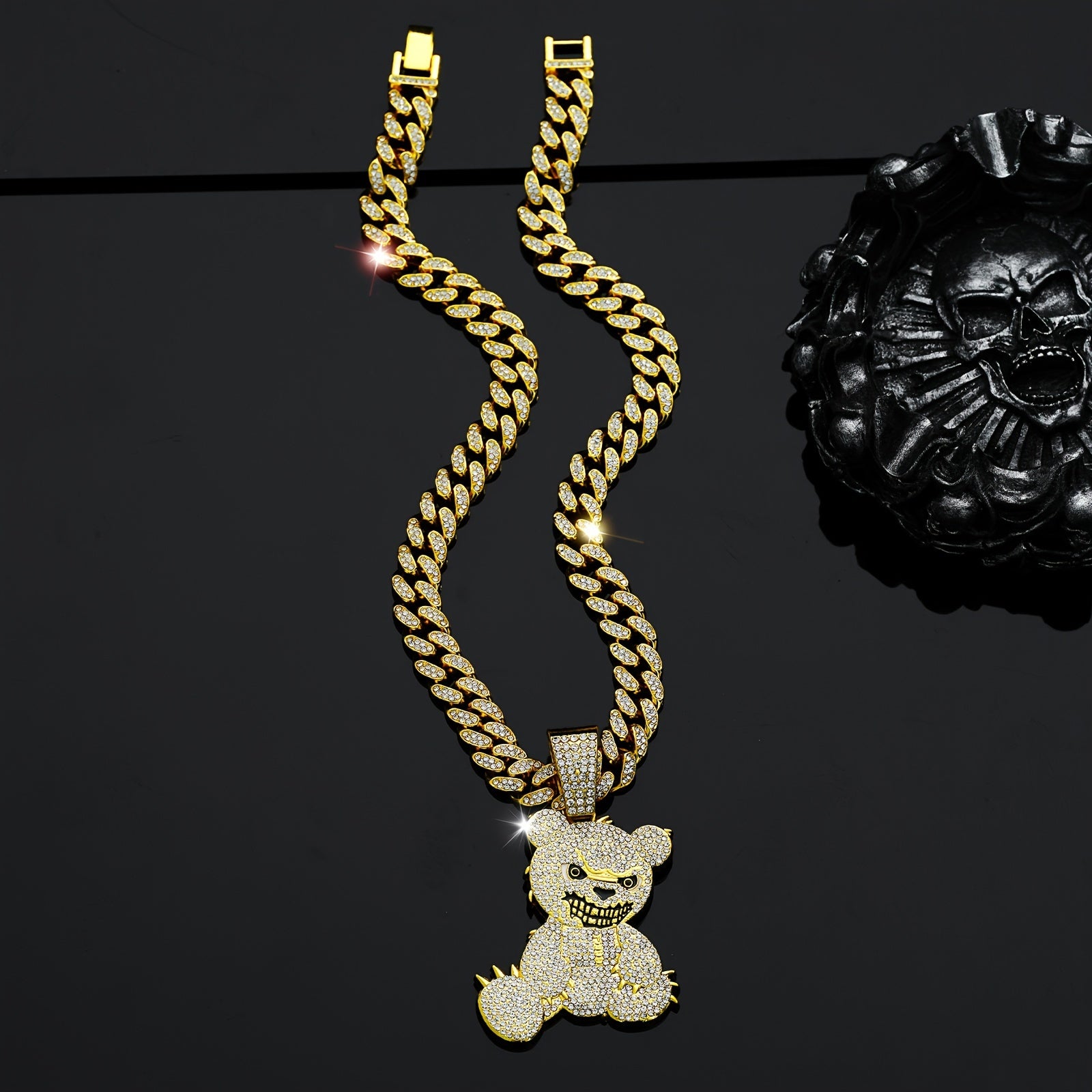 Men's Fashion Beast Bear Pendant Necklace with Rhinestone Studded Cuban Chain - Hip Hop Street Style Jewelry for Party, Festival Wear, Unisex Gift Idea (Includes 1 Pendant)