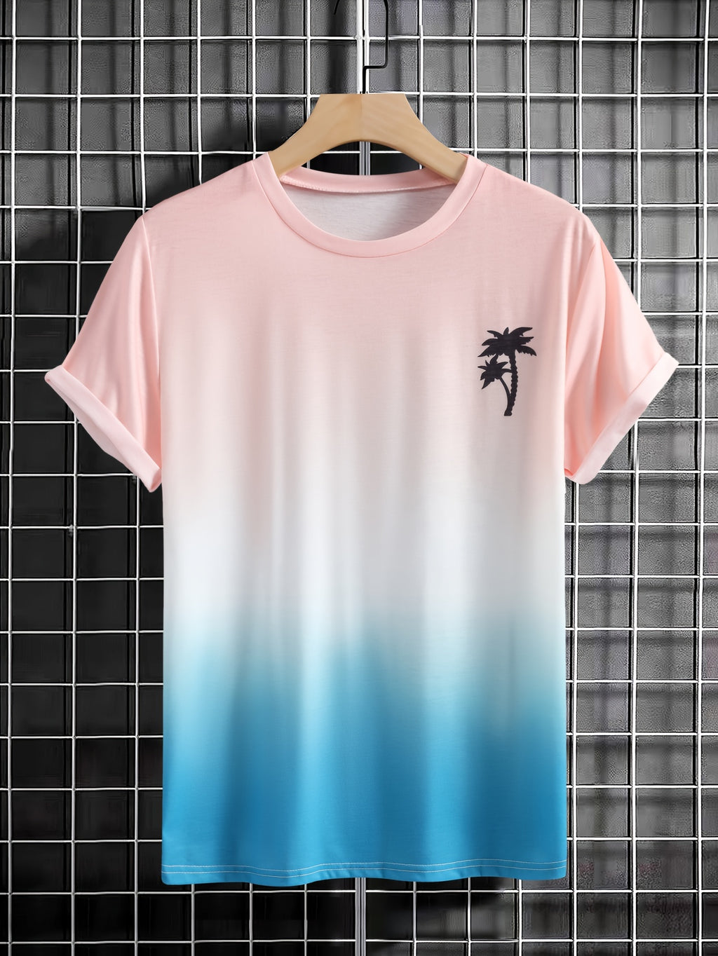 Coconut Tree Pattern Print Men's Comfy Gradient T-shirt, Graphic Tee Men's Summer Outdoor Clothes, Men's Clothing, Tops For Men