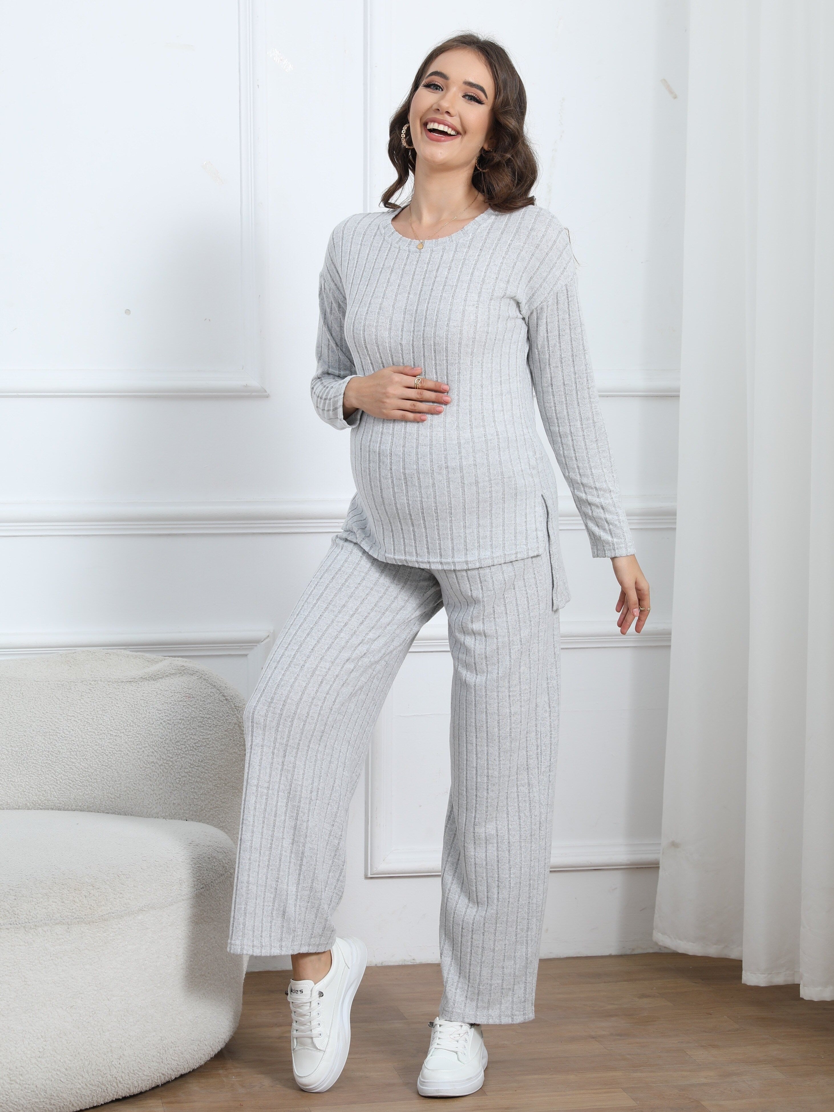 Women's Maternity Solid Textured T-shirt & Pants Set Fall Winter, Pregnant Women's Clothing