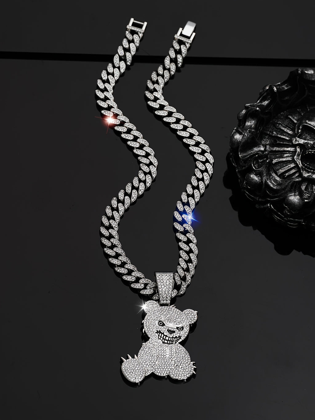 Men's Fashion Beast Bear Pendant Necklace with Rhinestone Studded Cuban Chain - Hip Hop Street Style Jewelry for Party, Festival Wear, Unisex Gift Idea (Includes 1 Pendant)